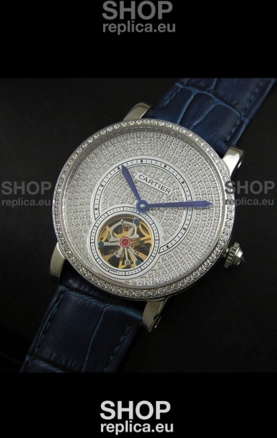 Cartier Ronde de Tourbillon Japanese Replica Diamond Watch in Blue Strap