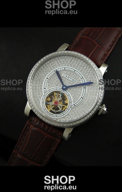 Cartier Ronde de Tourbillon Japanese Replica Diamond Watch in Brown Strap
