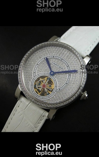 Cartier Ronde de Tourbillon Japanese Replica Diamond Watch in White Strap