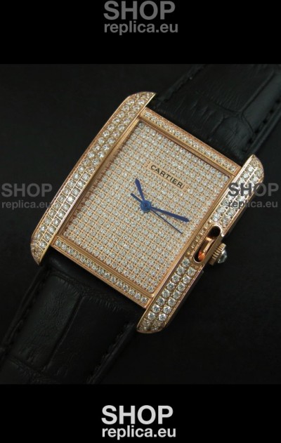 Cartier Tank Anglaise Ladies Replica Watch in Gold Case/Black Strap