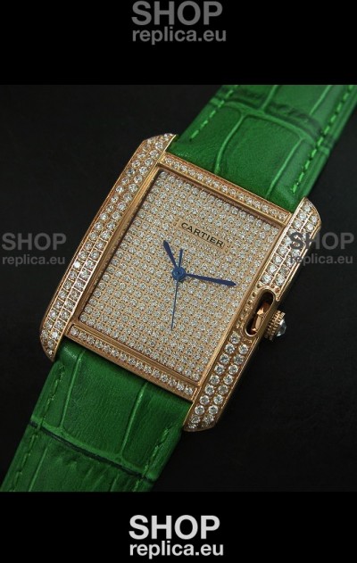 Cartier Tank Anglaise Ladies Replica Watch in Gold Case/Green Strap