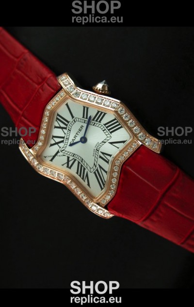 Cartier Tank Folle Ladies Replica Watch in Yellow Gold Case/Red Strap