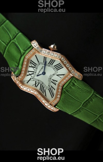 Cartier Tank Folle Ladies Replica Watch in Yellow Gold Case/Green Strap