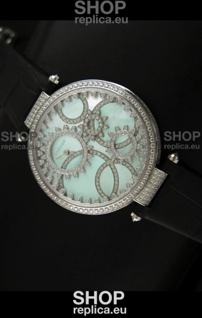 Cartier Replica Watch with Diamonds Embedded Dial Bezel in Steel Case/Black Strap