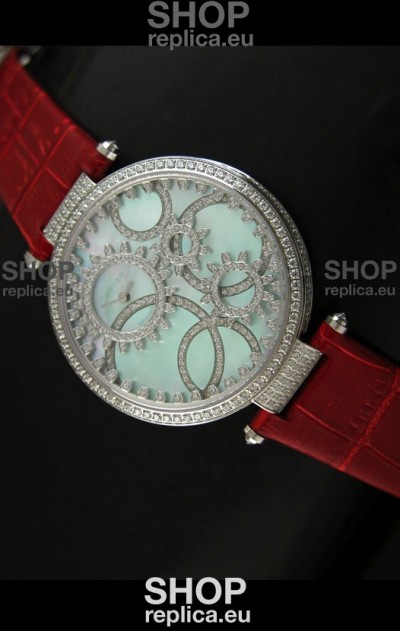 Cartier Replica Watch with Diamonds Embedded Dial Bezel in Steel Case/Red Strap