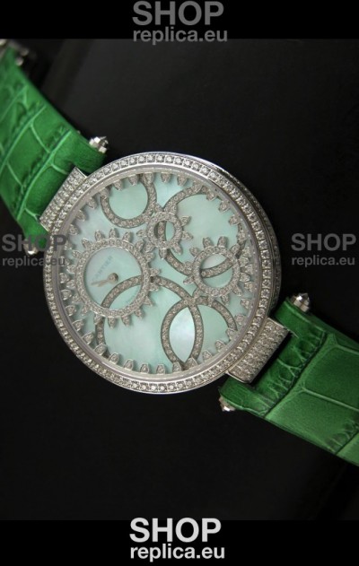 Cartier Replica Watch with Diamonds Embedded Dial Bezel in Steel Case/Green Strap