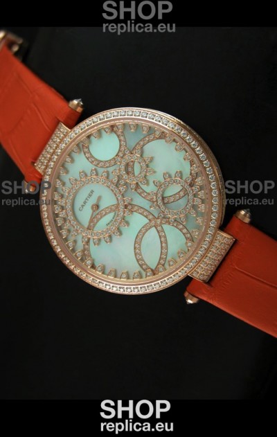 Cartier Replica Watch with Diamonds Embedded Dial Bezel in Gold Case/Orange Strap