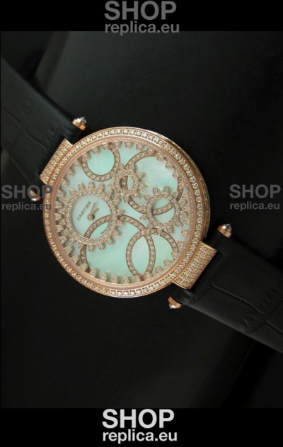 Cartier Replica Watch with Diamonds Embedded Dial Bezel in Gold Case/Black Strap