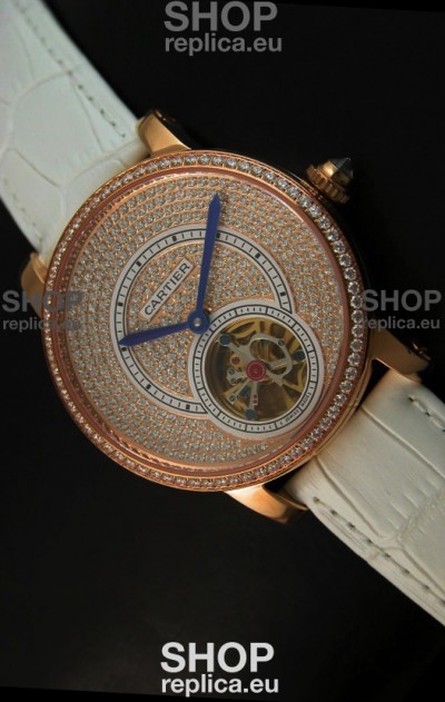 Ronde De Cartier Tourbillon Replica Watch Pink Gold Case - White Strap