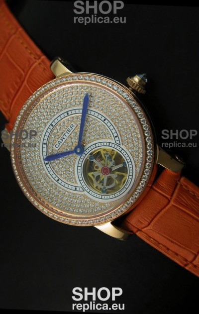 Ronde De Cartier Tourbillon Replica Watch Pink Gold Case - Brown Strap