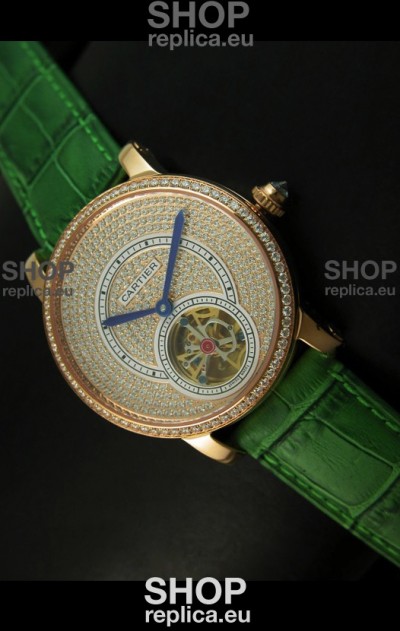 Ronde De Cartier Tourbillon Replica Watch Pink Gold Case - Green Strap