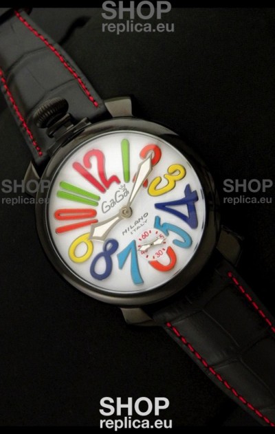 Gaga Milano Italy Japanese Replica PVD Watch in Black Leather Strap