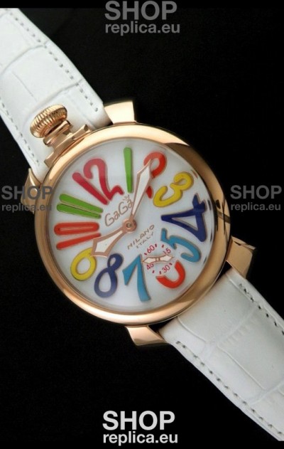 Gaga Milano Italy Japanese Replica Rose Gold Watch in White Dial