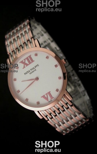 Patek Philippe Geneve Men Japanese Rose Gold Watch in White Dial