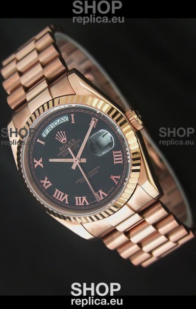 Rolex Day Date Japanese Rose Gold Watch in Black Dial