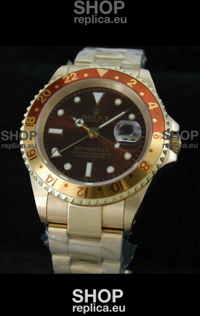 Rolex GMT Master II Swiss Replica Gold Watch in Dark Red Dial