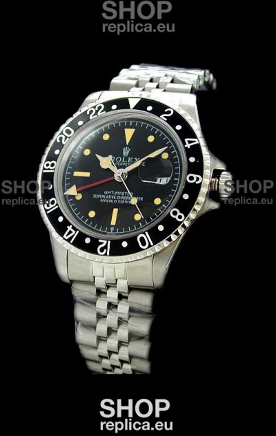 Rolex GMT Master Swiss Replica Steel Watch in Black Bezel