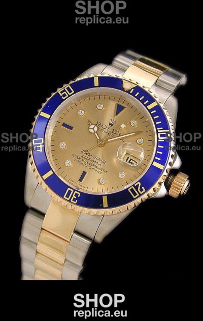Rolex Submariner Oyster Perpetual Japanese Replica Two Tone Gold Watch in Blue Bezel