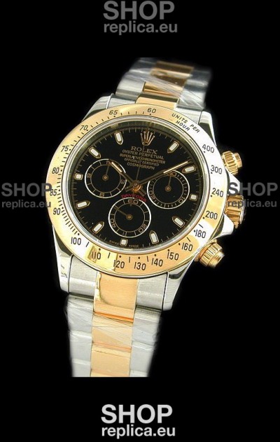 Rolex Oyster Cosmograph Swiss Replica Two Tone Gold Watch in Black Dial