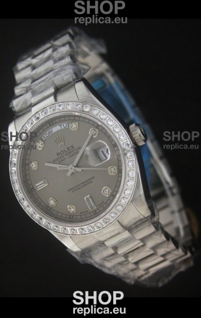 Rolex Day Date Just swiss Replica Grey Watch in Full Diamond Bezel