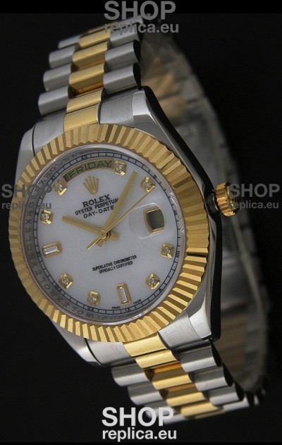 Rolex Day Date Just swiss Replica Two Tone Gold Watch in Mop White Dial