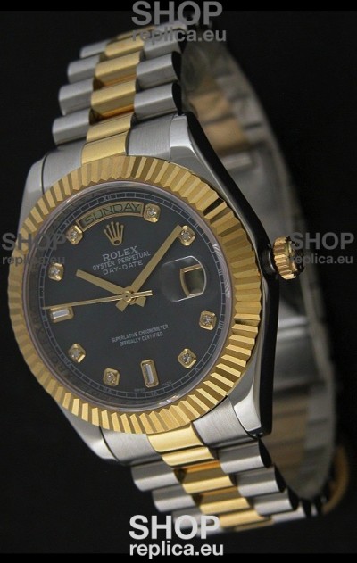 Rolex Day Date Just Japanese Replica Two Tone Gold Watch in Mop Grey Dial