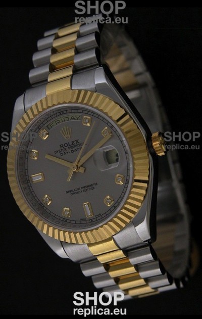 Rolex Day Date Just Japanese Replica Two Tone Gold Watch in Grey Dial
