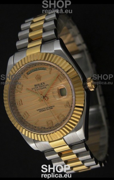 Rolex Day Date Just swiss Replica Two Tone Gold Watch in Golden Stripe Pattern Dial 