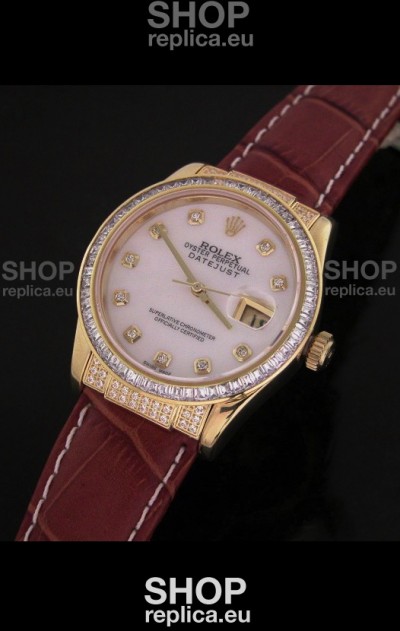 Rolex DateJust Japanese Mens Replica Yellow Gold Watch in White Mother of Pearl Dial