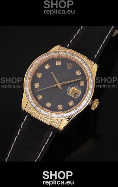 Rolex DateJust Japanese Mens Replica Yellow Gold Watch in Black Mother of Pearl Dial