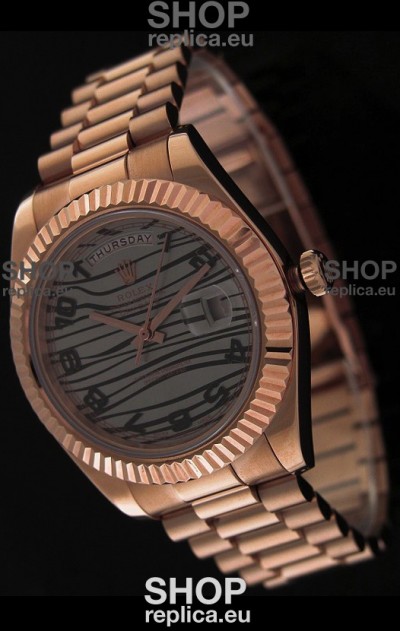 Rolex Oyster Perpetual Day Date Swiss Replica Pink Gold Watch in Waves Pattern Dial