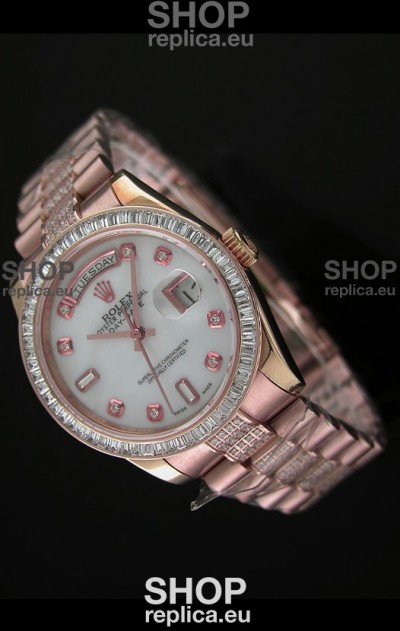 Rolex Oyster Perpetual Day Date Japanese Rose Gold Automatic Watch in White Mother of Pearl Dial