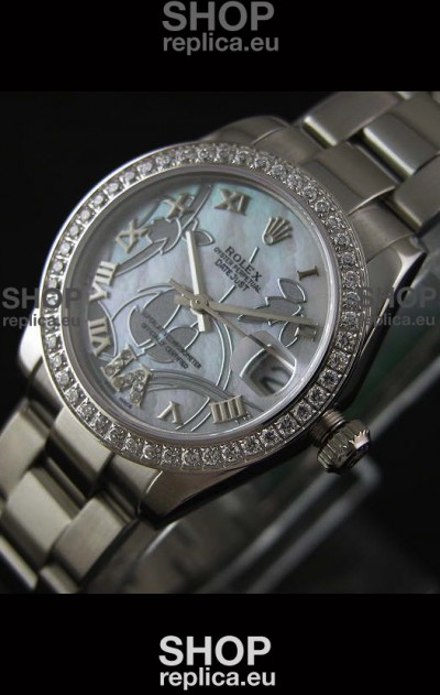 Rolex Oyster Perpetual Date Just Lady Swiss Diamond Watch in Pearl White Dial