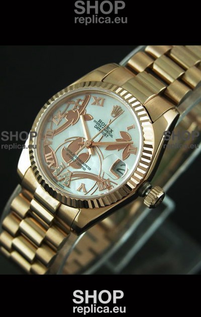Rolex Oyster Perpetual Date Just Lady Swiss Rose Gold Watch in Pearl White Dial