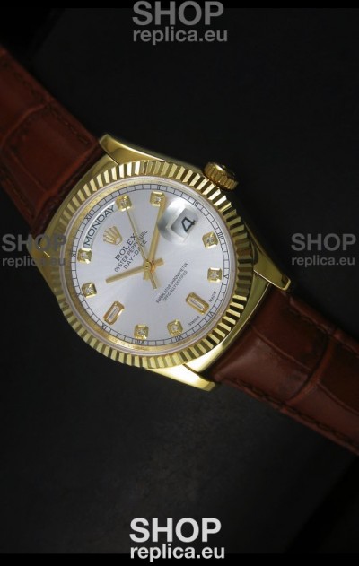 Rolex Day Date 36MM Yellow Gold Swiss Replica Watch - Silver Dial 