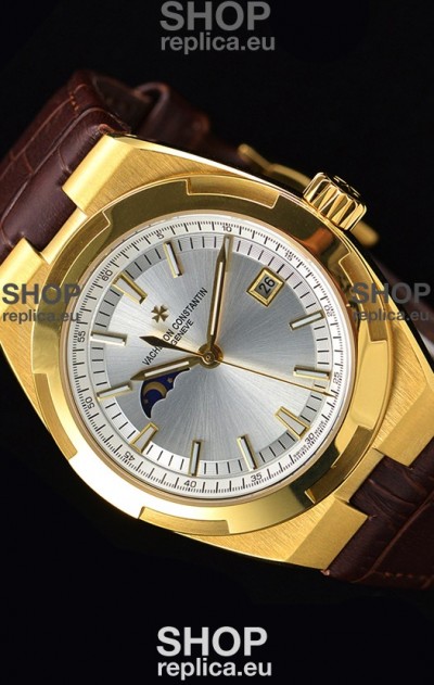 Vacheron Constantin Overseas MoonPhase Yellow Gold Swiss Watch in Brown Strap
