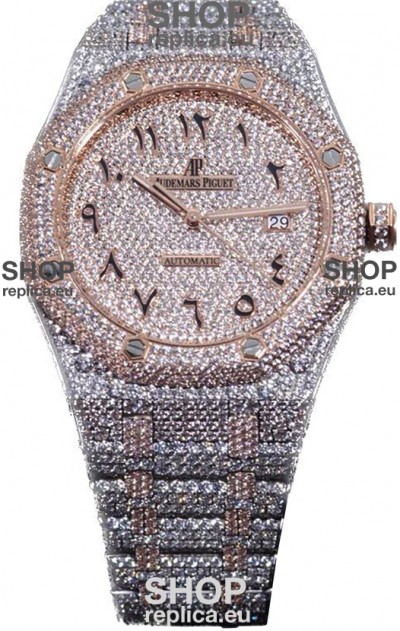 Audemars Piguet Royal Oak 15400 Iced Out Arabic Dial in Two Tone Rose Gold Casing Swiss Replica Watch