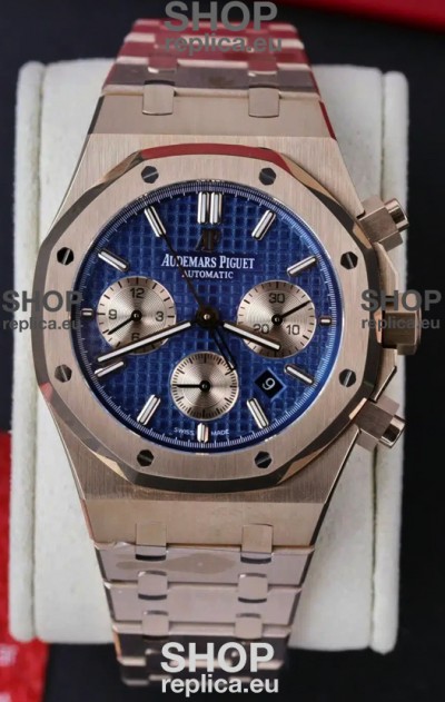 Audemars Piguet Royal Oak Chronograph Rose Gold Blue Dial Steel Strap Swiss Replica Watch