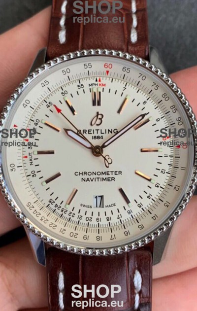 Breitling Navitimer 1 Automatic Swiss Replica Watch in White Dial - Brown Leather Strap