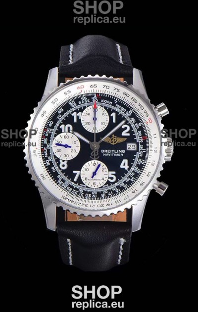 Breitling Navitimer Chronograph 41MM Swiss Replica Watch in 904L Steel Casing - Black Leather Strap