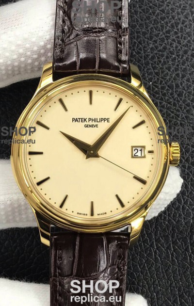 Patek Philippe Calatrava 5227J-001 Pale Yellow Dial 1:1 Mirror Swiss Replica Yellow Gold Casing