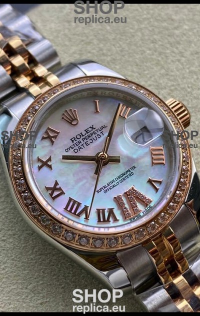Rolex Datejust 28MM Swiss Replica in 904L Rose Gold Two Tone Case in Pearl Dial - 1:1 Mirror Replica
