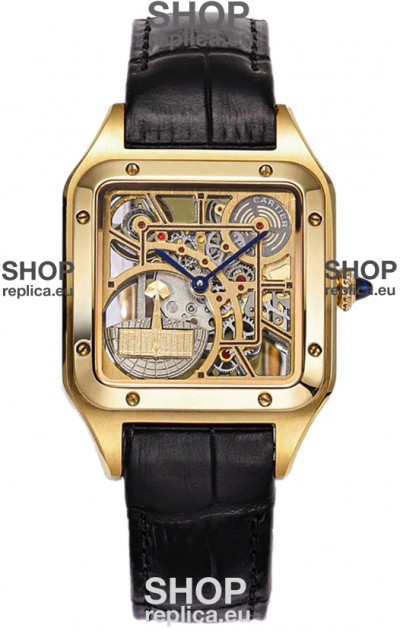 Cartier Santos Dumont Skeleton Yellow Gold Watch in Black Leather Strap 43.5MM