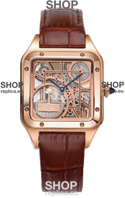 Cartier Santos Dumont Skeleton Rose Gold Watch in Brown Leather Strap 43.5MM