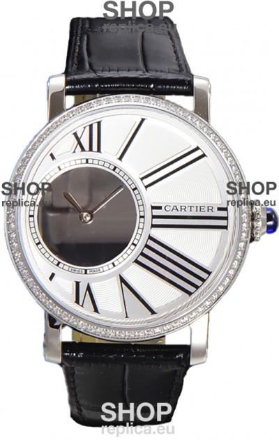 Rotonde De Cartier in Stainless Steel Casing - Leather Strap Swiss Quartz Replica Watch 