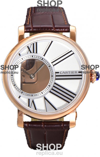 Rotonde De Cartier in Rose Gold Casing - Leather Strap Swiss Quartz Replica Watch 