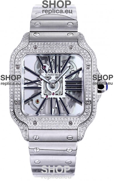 Santos De Cartier Watch in Skeleton Dial - Diamonds Bezel in Steel Casing Swiss Replica