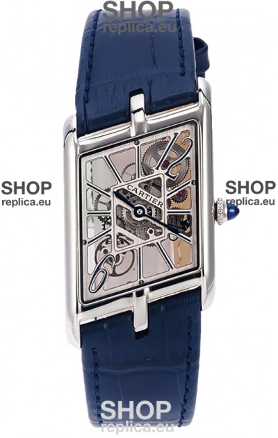 Cartier Tank Asymétrique Stainless Steel Casing Blue Strap Watch in Leather Strap Swiss Replica