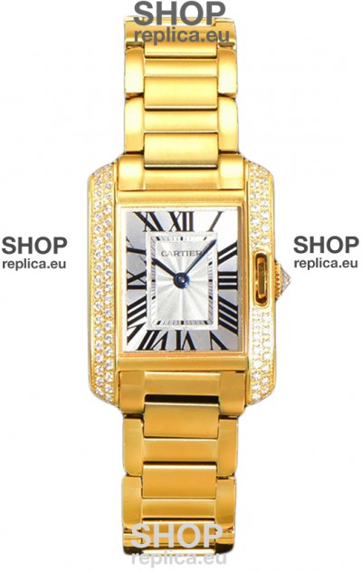 Cartier Tank Anglaise Yellow Gold Watch in Steel Strap Diamonds Bezel Swiss Quartz Watch 30MM