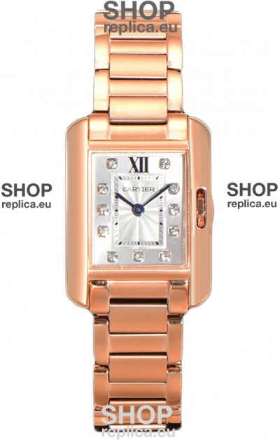 Cartier Tank Anglaise Rose Gold Watch in Steel Strap Diamonds Markers Swiss Quartz Watch 30MM